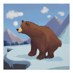 Póster Oso pardo de dibujos animados en las montañas