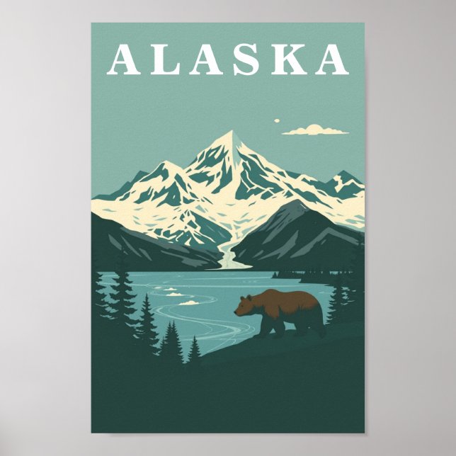 Póster Oso Pardo de Viaje Retro de Alaska (Frente)