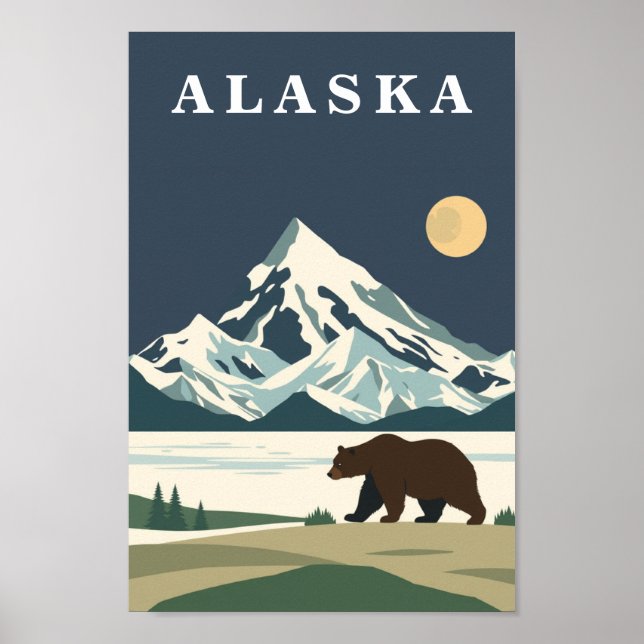 Póster Oso Pardo de Viajes Vintage de Alaska (Frente)