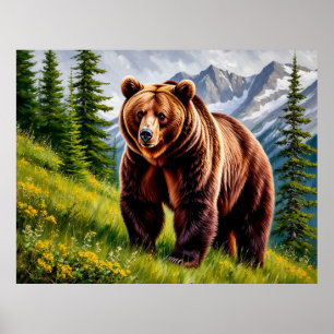 Póster Oso Pardo en una Pradera de Montaña