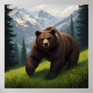 Póster Oso Pardo en una Pradera Montañosa