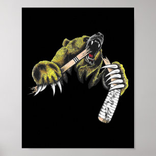 Póster Oso Pardo Irrumpe Mientras Muerde Palo de Hockey L