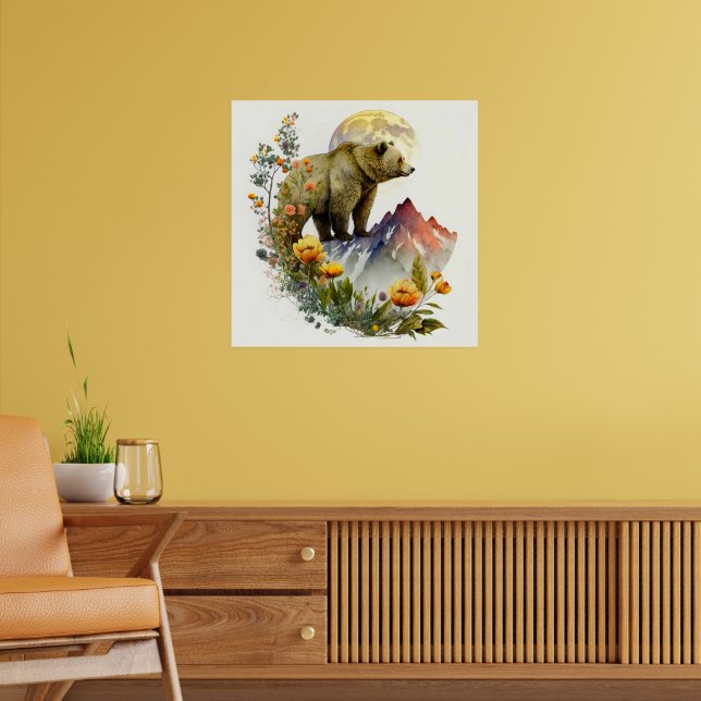 Póster Oso Pardo Montañas Flores Luna Acuarela (Salón 2)