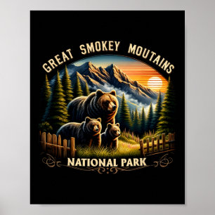 Póster Oso Parque Nacional Grandes Montañas Humeantes Neg
