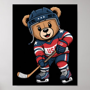 Póster Oso Patriótico Jugador De Hockey Lindo EEUU Estrel