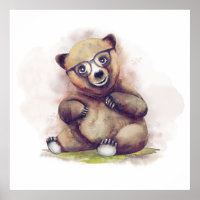 Oso Pequeño de Bebé con Vidrios Cuidados Acuarela