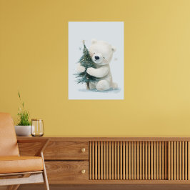 Póster Oso Polar Adorable Abrazando árbol de Navidad, lin
