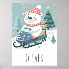 Póster Oso Polar Adorable Conduciendo Moto de Nieve Perso
