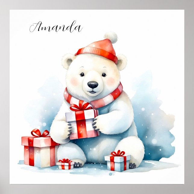 Póster Oso Polar Blanco Cute Navidad en Acuarela (Frente)
