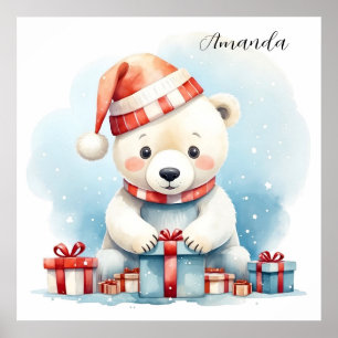 Póster Oso Polar de Navidad en Acuarela Adorable
