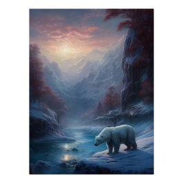 Póster Oso polar en pintura de bosques de invierno