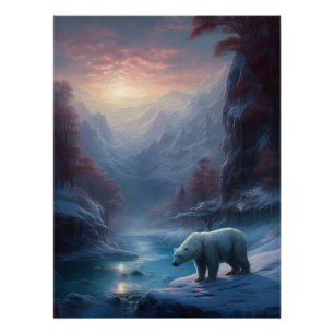Póster Oso polar en pintura de bosques de invierno
