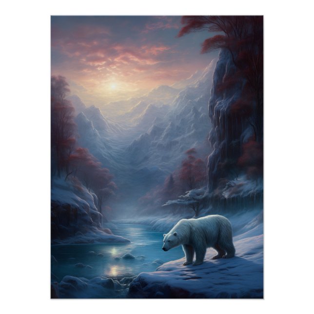 Póster Oso polar en pintura de bosques de invierno (Anverso)