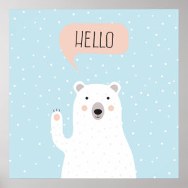 Póster Oso polar lindo en la nieve dice Hola