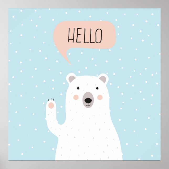 Póster Oso polar lindo en la nieve dice Hola (Frente)