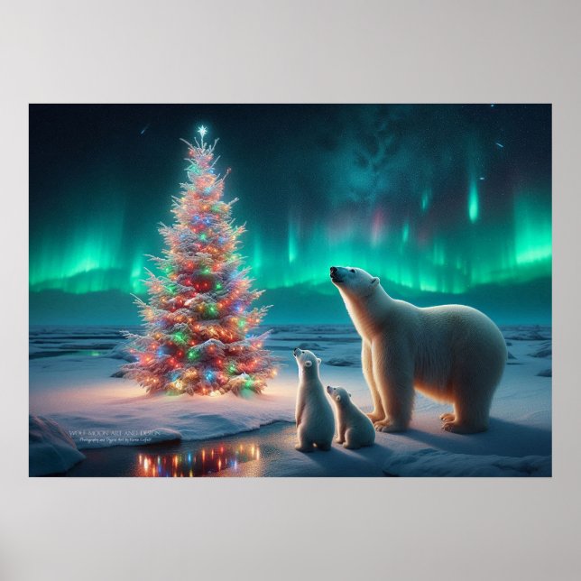 Póster Oso Polar Mamá Cubre Árbol De Navidad Aurora Borea (Frente)