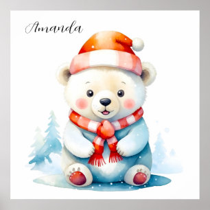 Póster Oso Polar Navideño Juguetón en Acuarela