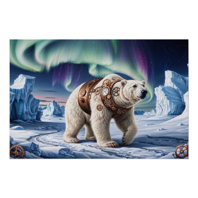Póster Oso Polar Steampunk y Arte Aurora (Anverso)