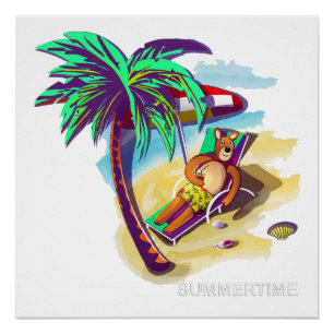 Póster Oso Relajante de Verano en Playa Tropical