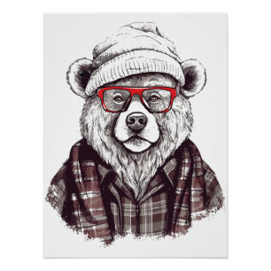 Póster Oso Retro con Gafas Rojas