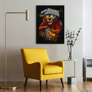 Póster Oso Retro Con Sombrero Rallador De Queso Y Gafas D