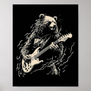 Póster Oso retro tocando oso de guitarra de tocador negro