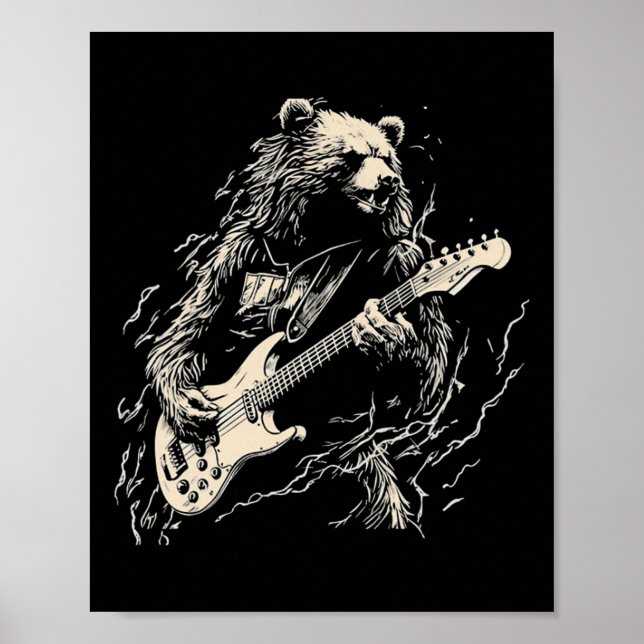 Póster Oso retro tocando oso de guitarra de tocador negro (Frente)