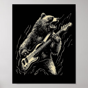 Póster Oso retro tocando oso de guitarra de tocador negro