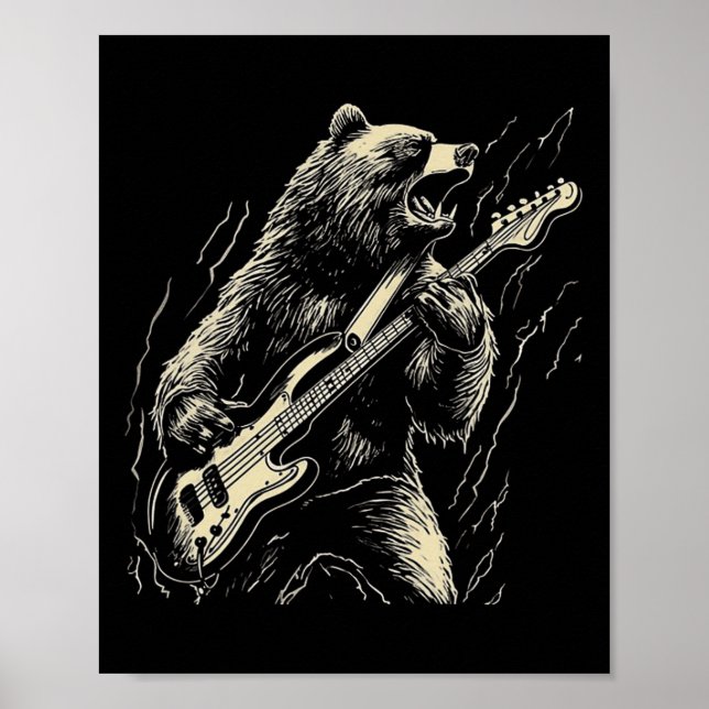 Póster Oso retro tocando oso de guitarra de tocador negro (Frente)