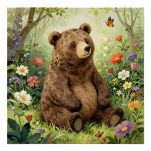 Póster Oso vintage y mariposas en un jardín