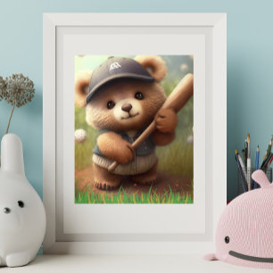 Póster Oso Whimsical Cuto Jugando Béisbol Personalizado
