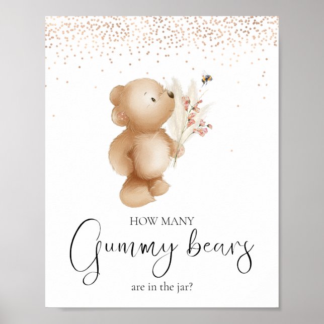 Póster Oso y abeja | ¿Cuántos? Juego Baby Shower (Frente)