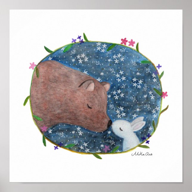 Póster Oso y conejito en bosque encontrándose miKa Art (Frente)