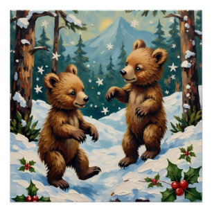 Póster Osos Cachorros Vintage Jugando en Navidad Nevada