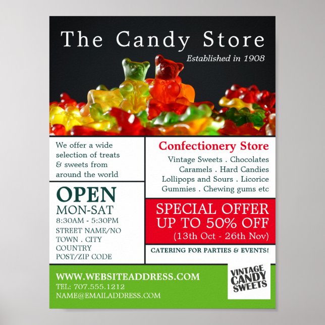 Póster Osos Candy Gummy, anuncio de suministros de pastel (Frente)