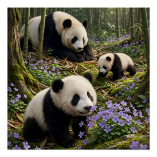 Póster Osos Pandas Lindos En Escena De Naturaleza De Bosq