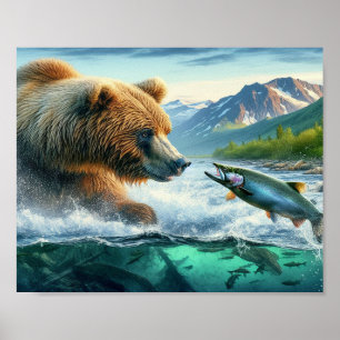 Póster Osos pardos con salmón de trucha de la cabeza de v