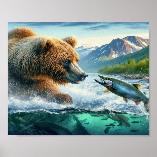 Póster Osos pardos con salmón de trucha de la cabeza de v (Frente)