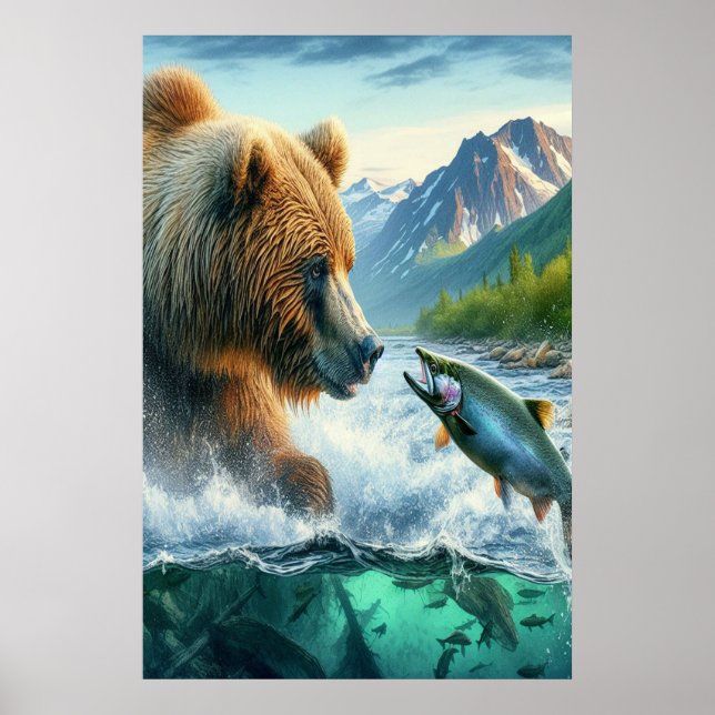Póster Osos pardos con salmón de trucha de la cabeza de v (Frente)