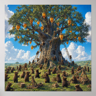Póster Osos recogiendo miel de un árbol