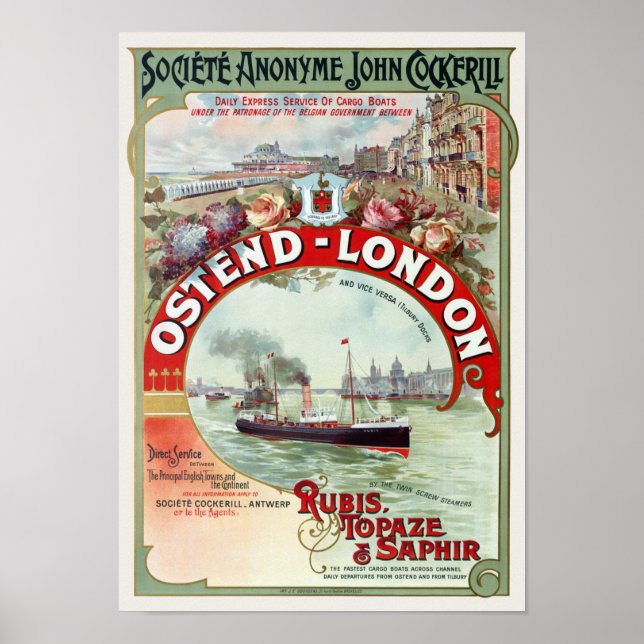 Póster Ostend - London Belgium Vintage Poster 1900 (Frente)
