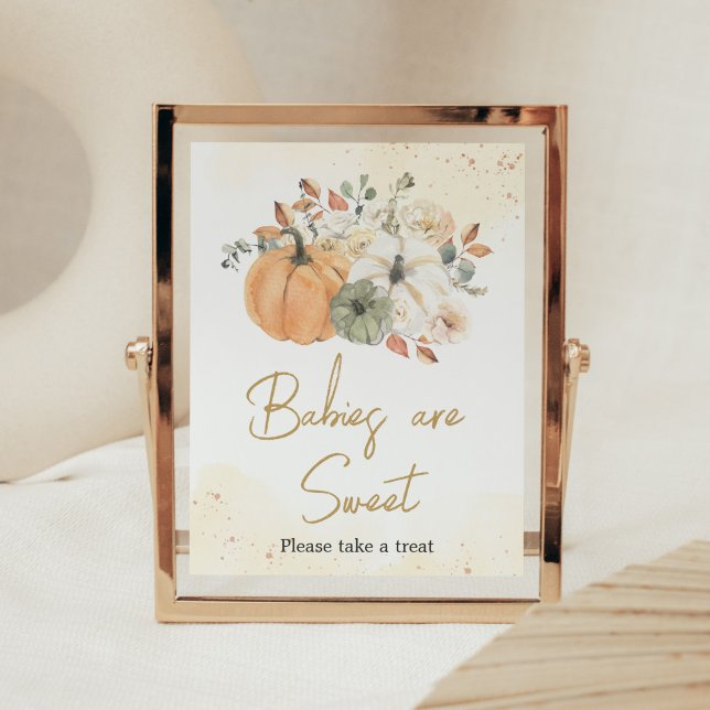 Póster Otoño Caída Calabaza Floral Los bebés son dulces (A Little Pumpkin Baby Shower Babies are Sweet Sign)