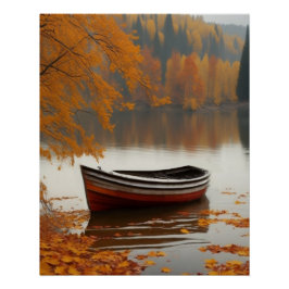 Póster Otoño colorido del lago de los barcos de la fila, 