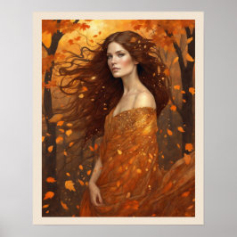 Póster Otoño de una mujer eólica en Woods Art Nuevo Print