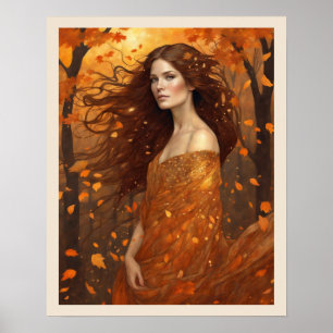 Póster Otoño de una mujer eólica en Woods Art Nuevo Print