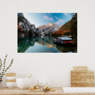 Póster Otoño en el lago Lago di Braies Italia