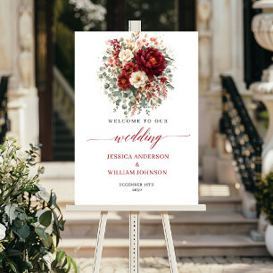Póster Otoño Floral Boho Eucalipto Rojo Profundo Bienveni