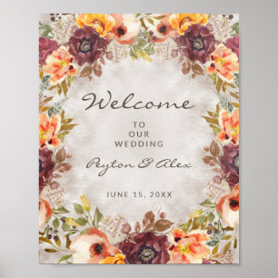 Póster Otoño Floral Naranja Borgoña Boda Bienvenida