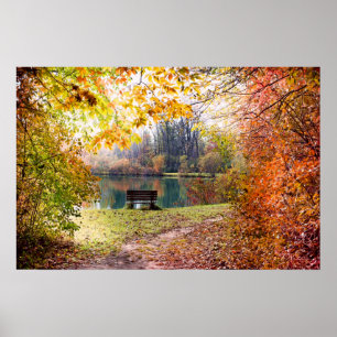 Póster Otoño junto al estanque Park - Hojas otoño