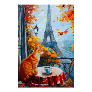 Póster Otoño parisino Gato de jengibre en un café